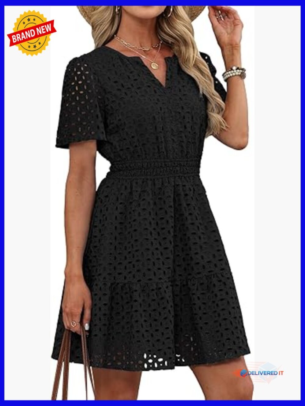 Womens Eyelet Lace A Line Mini Dress - V Neck Summer